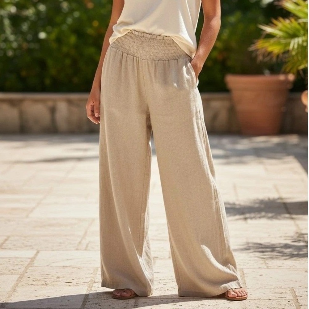 TFY Collection Wide Leg Gaucho Pants Smocked Waist‎ Beige Resort Vacation SM